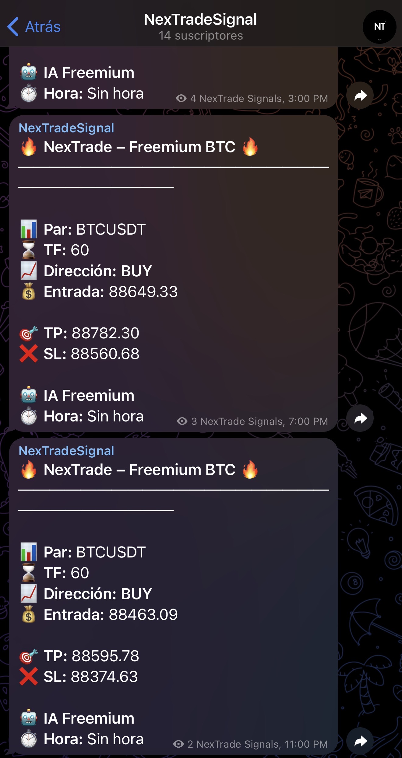 Ejemplo de señales de NexTrade en Telegram mostrando señales freemium de BTC con precio de entrada, take profit y stop loss